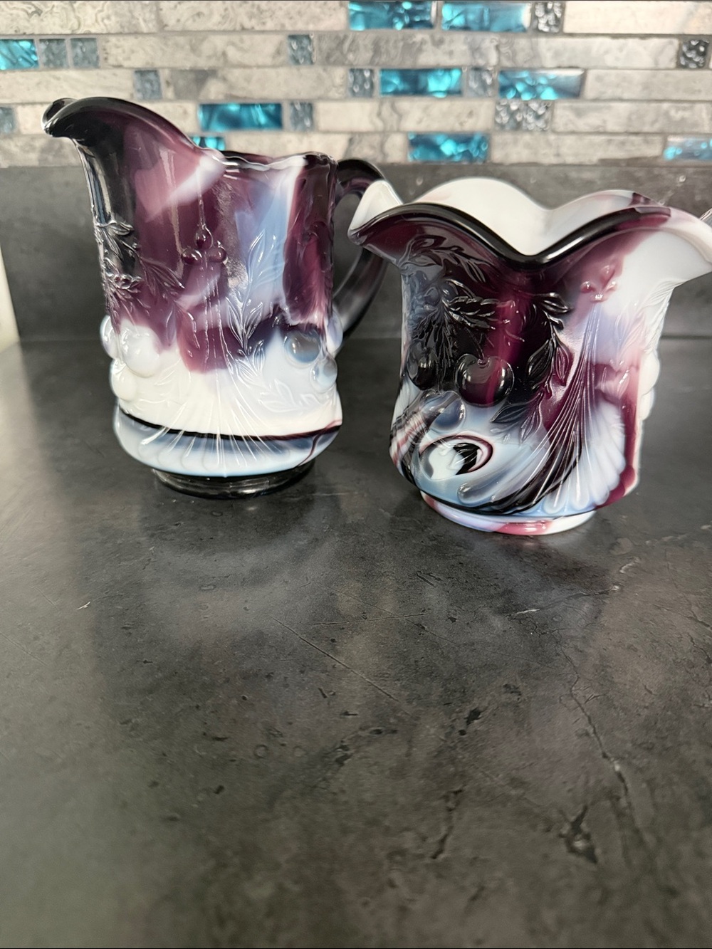 Vintage antique L.G. Wright purple amethyst swirl slag glass pitcher sugar bowl